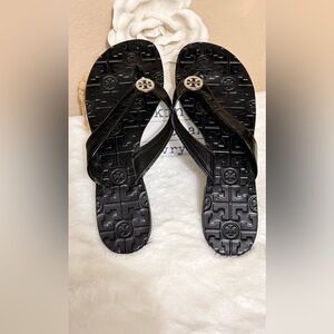 Tory Burch Black Patent Logo Medallion Flip Flops